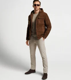 New Peter Millar Excursionist Flex Suede Hooded Bomber Espresso