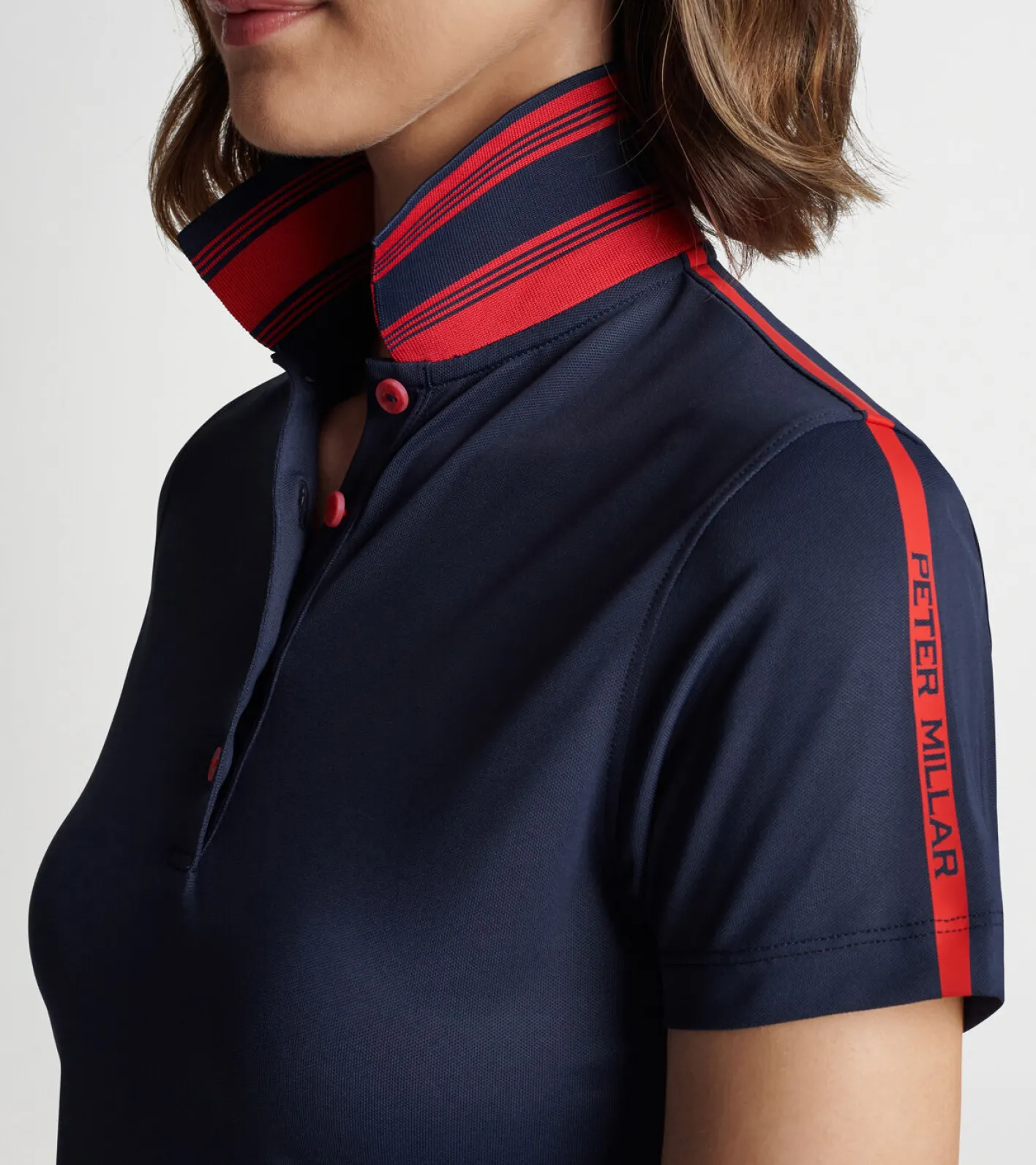 New Peter Millar Hicks Stripe Collar Sport Polo NAVY/ROUGE